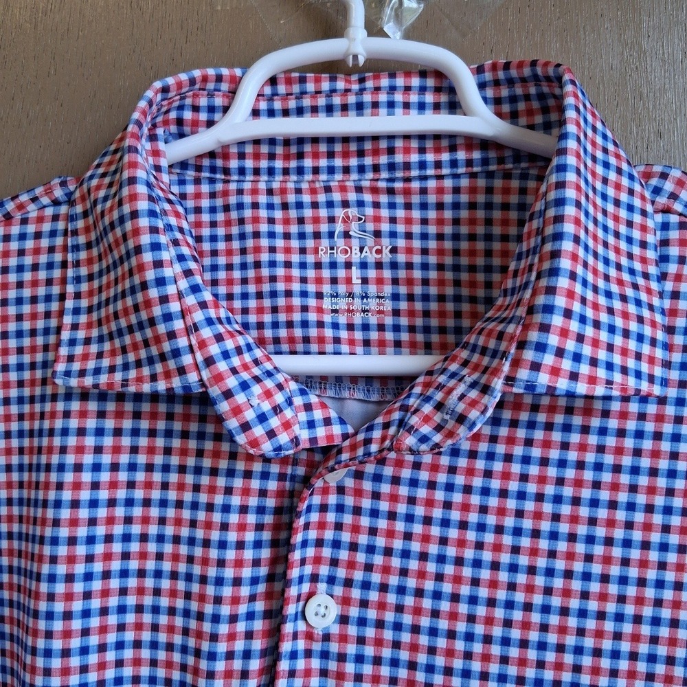 Rhoback Polo Shirt Mens L Red White Blue Gingham Performance USA Flag Patriotic - Picture 8 of 13